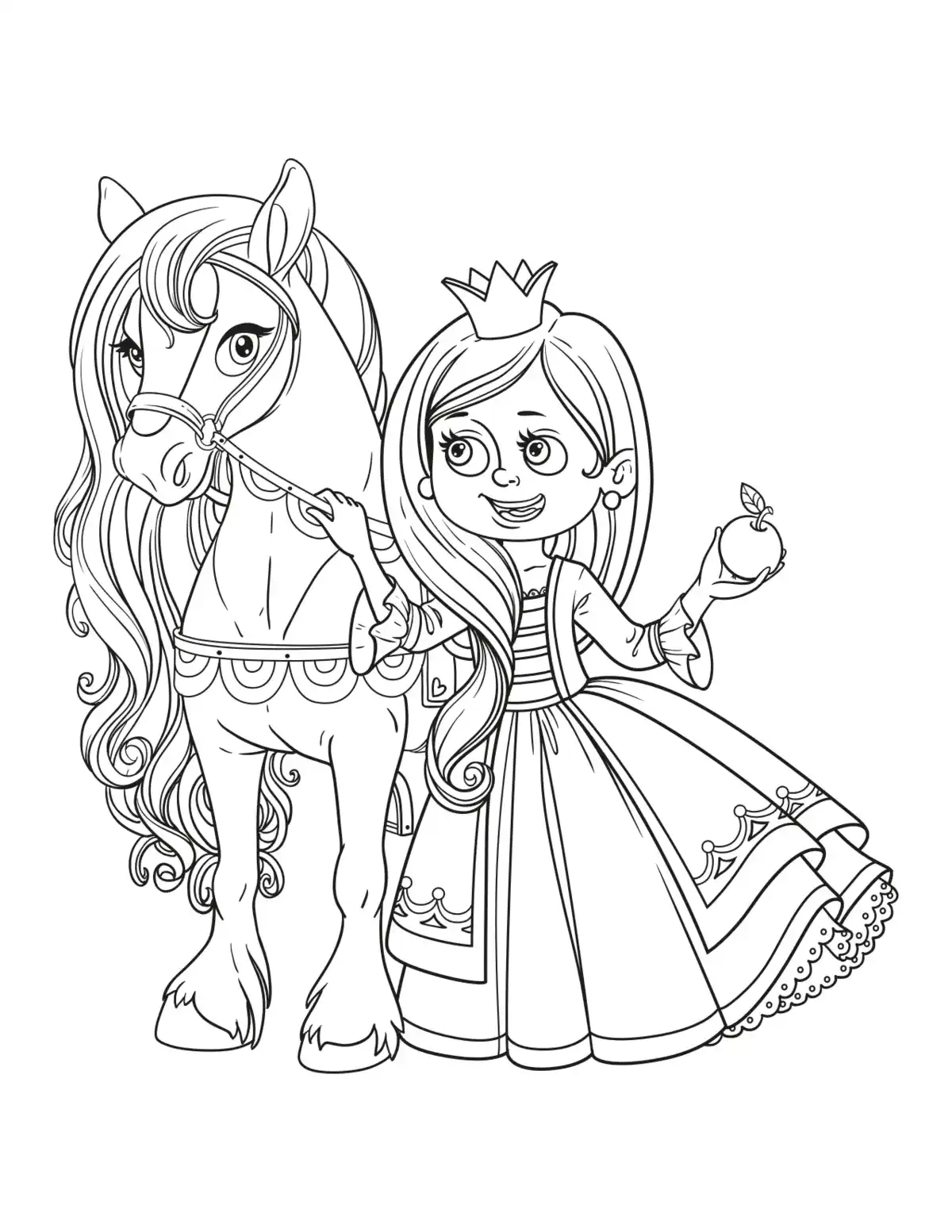 Free Download Coloring PDF, Princess Princess Feeding Horse Apple Coloring Pages Pdf